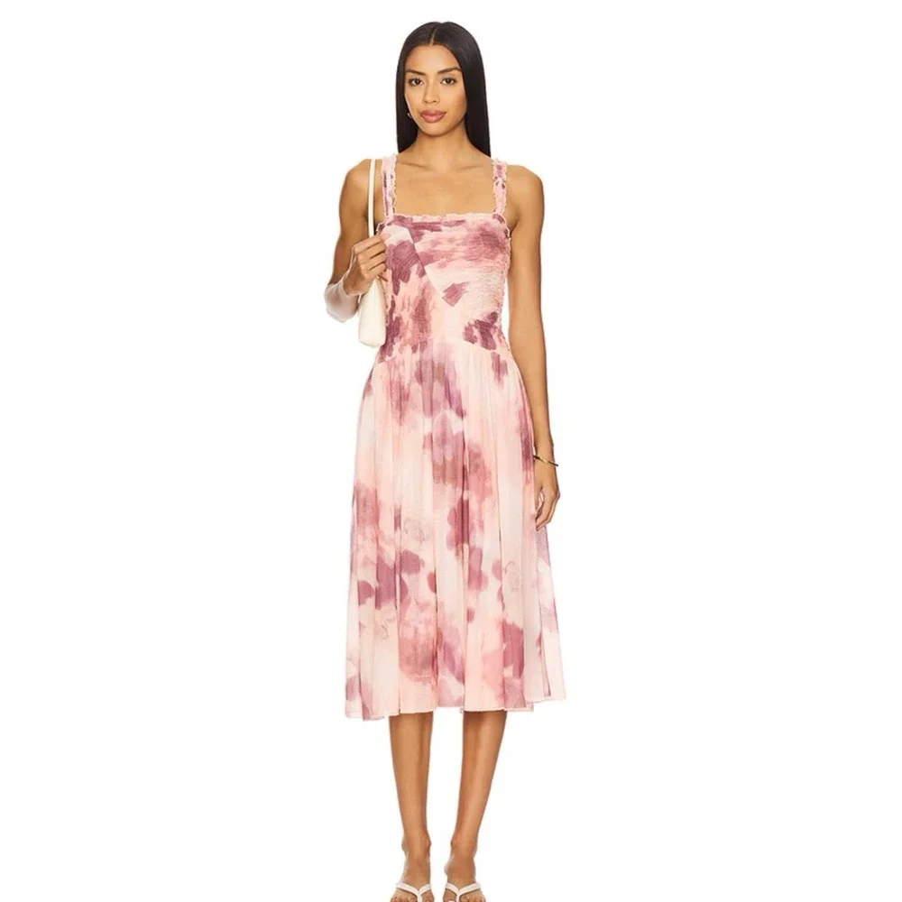Free People Midi Dress Pink Floral Boho Smocked Mesh‎ Ruffle Sleeveless S